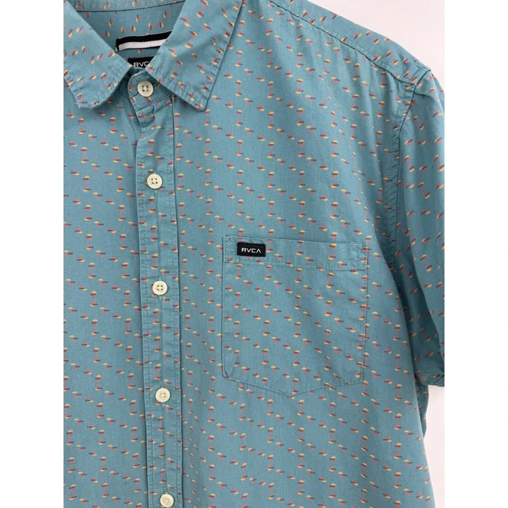 RVCA‎ Mens Relaxed Fit Short Sleeve Button Down Shirt Teal Blue Print Size M - Picture 2 of 6